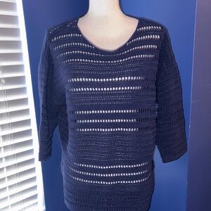Navy Blue Pointelle Knit Short Sleeve Sweater Like New Sz 16